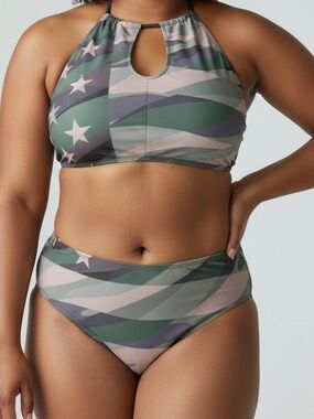 High-Neck Two-Piece Swim Set - Green & Tan Patriotic Camo